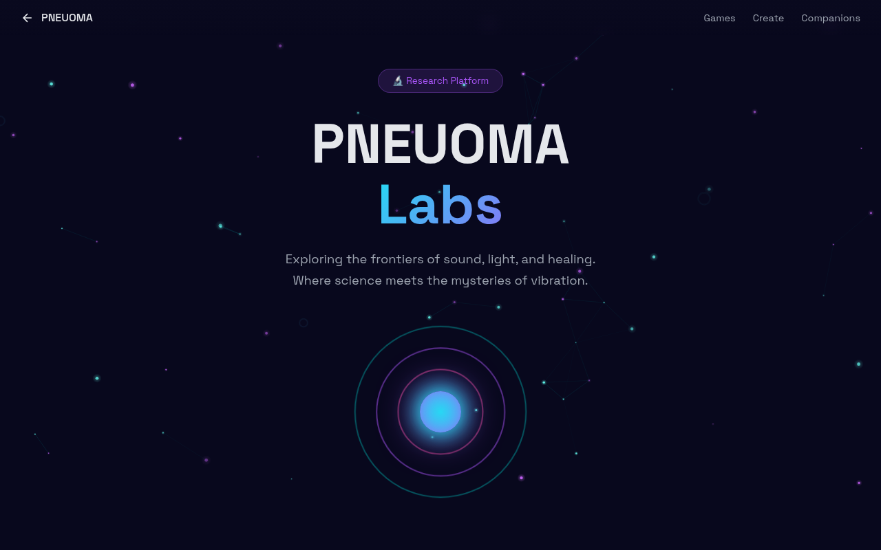 PNEUOMA Labs page with a glowing ring visual