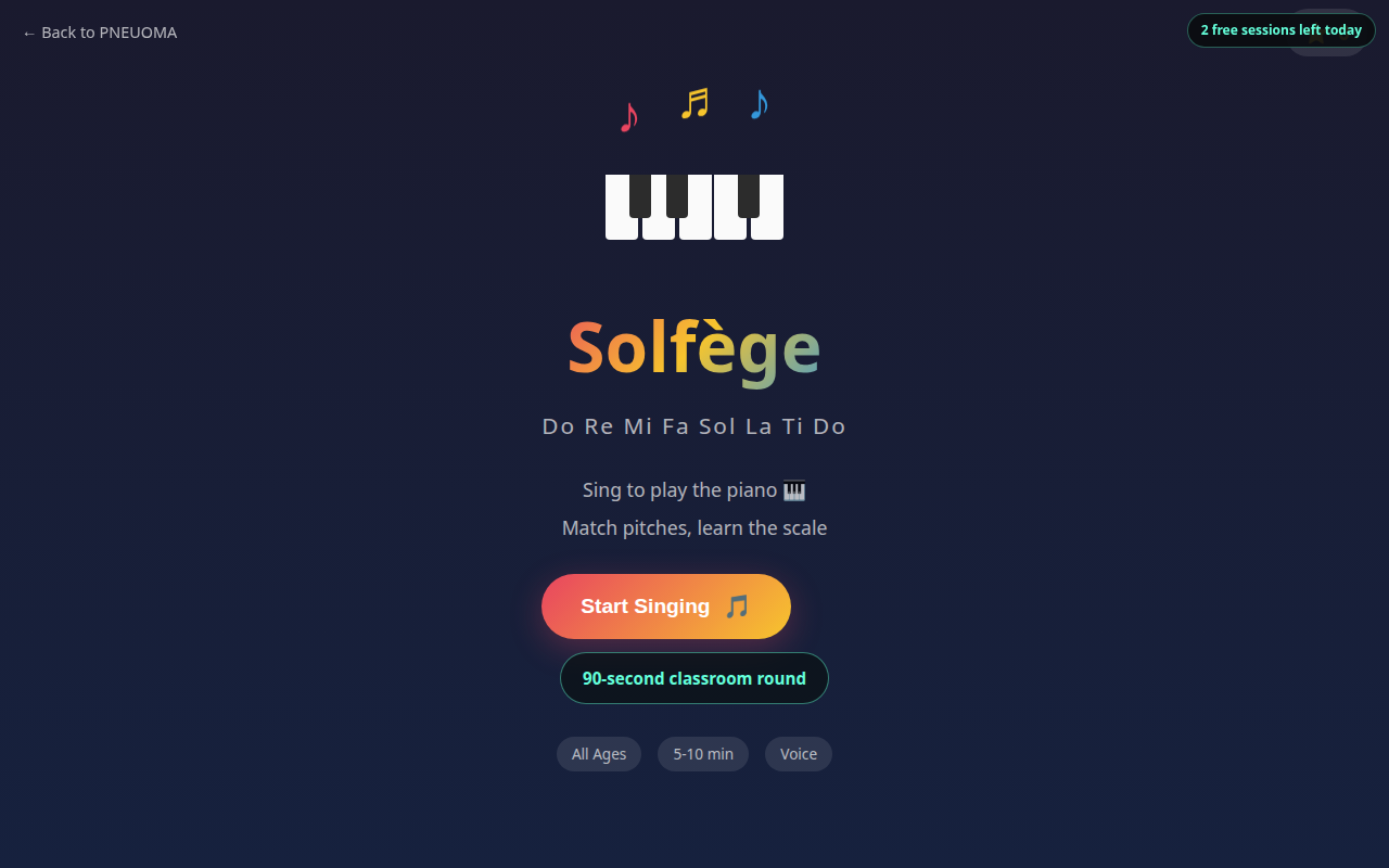 Solfège start screen with a piano keyboard and a Start Singing button